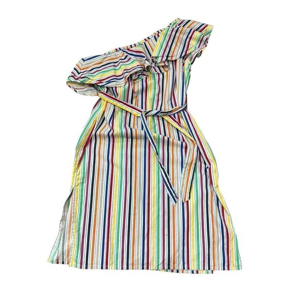 ASOS Rainbow One Shoulder Ruffle Midi Dress with Split in Bright Stripe - Picture 4 of 9